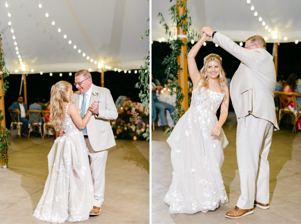 father daughter dance at outdoor white-tented Uncanoonuc Mountain wedding reception