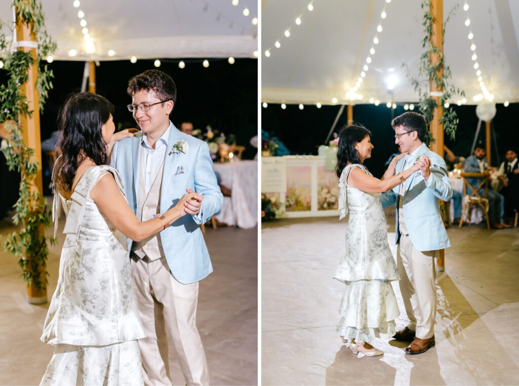 mother son dance at outdoor summer wedding reception at Uncanoonuc Mountain
