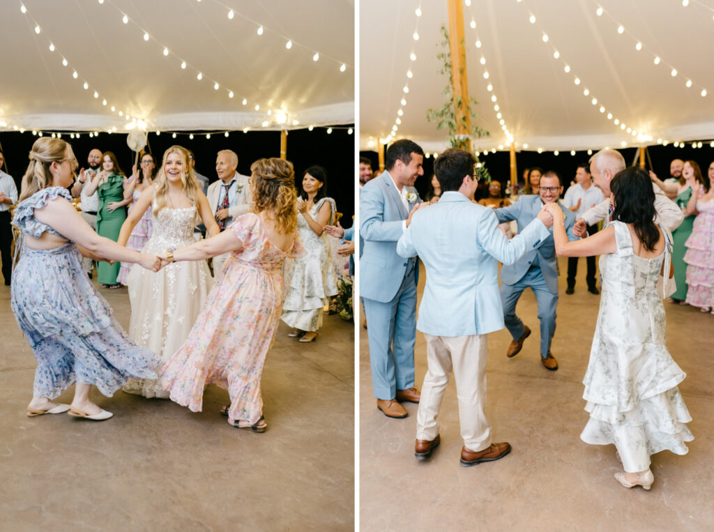 New Hampshire bride and groom dancing with their wedding guests at their white-tent wedding reception at Uncanoonuc Mountain