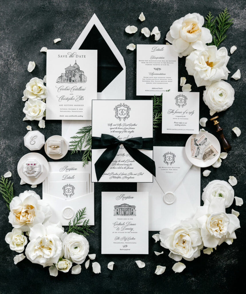 Luxurious black and white wedding invitation suite by Emily Wren Photography