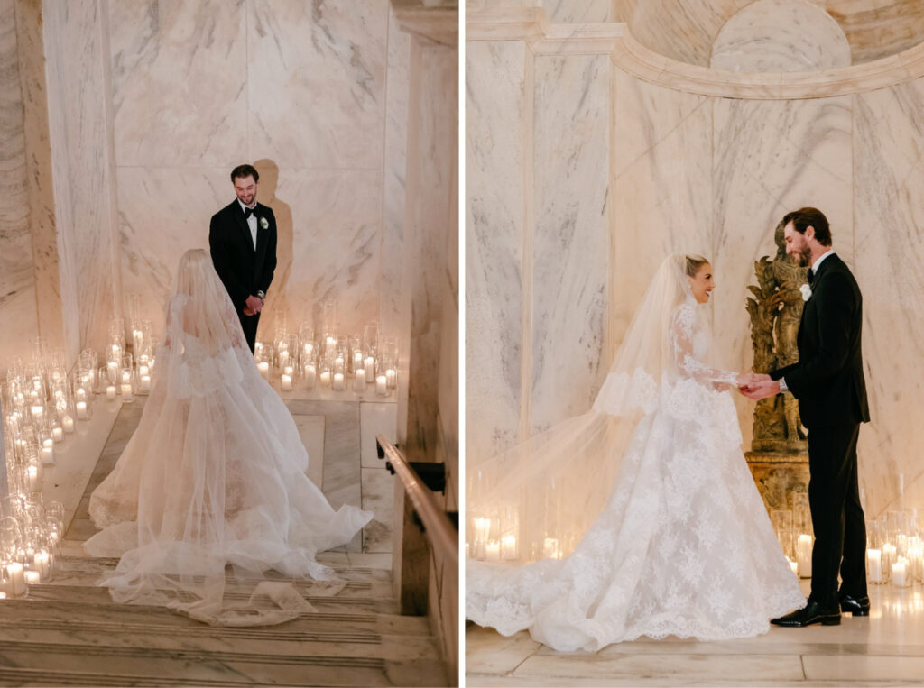 bride and groom's romantic candle-lit first look at the Ritz-Carlton, Philadelphia