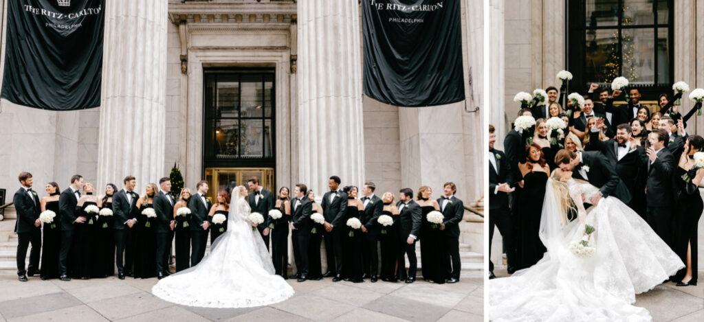 romantic wedding party portraits in front of the Ritz-Carlton, Philadelphia on winter wedding day in Center City