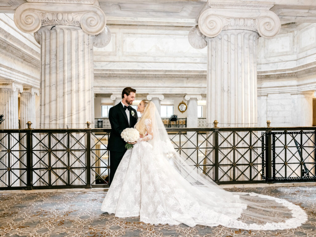 timeless portrait of Philadelphia bride and groom on their winter wedding day at the Riz-Carlton