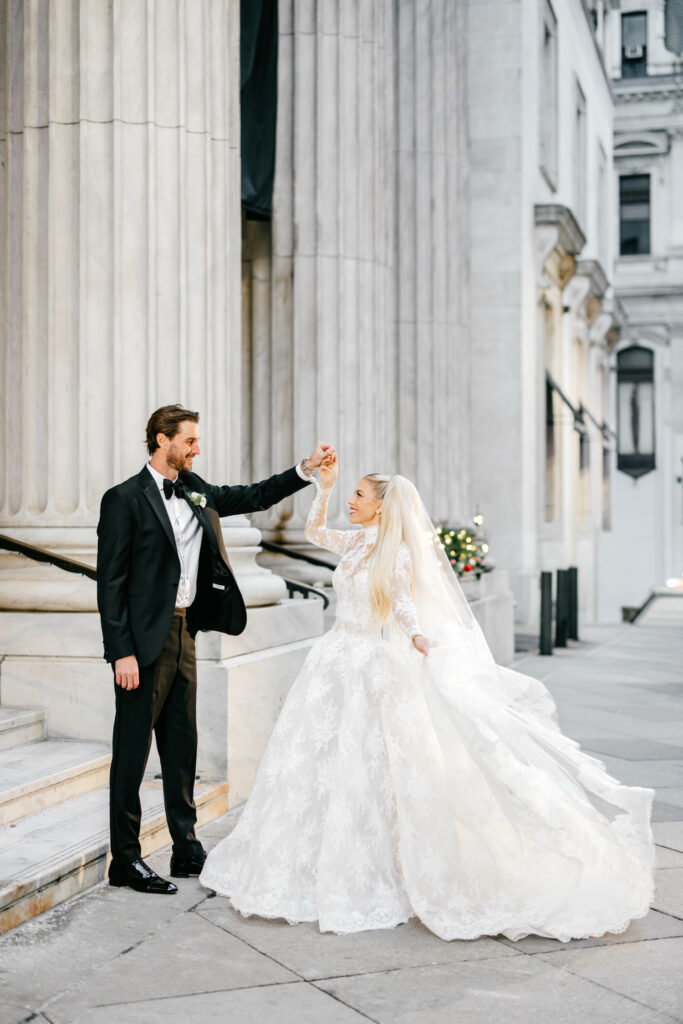 romantic wedding portrait of Philadelphia bride and groom on their timeless wedding day in Center City