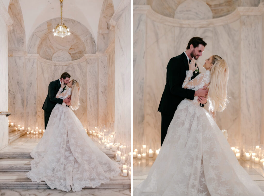 romantic candle-lit wedding day portraits of bride and groom at the Ritz-Carlton, Philadelphia