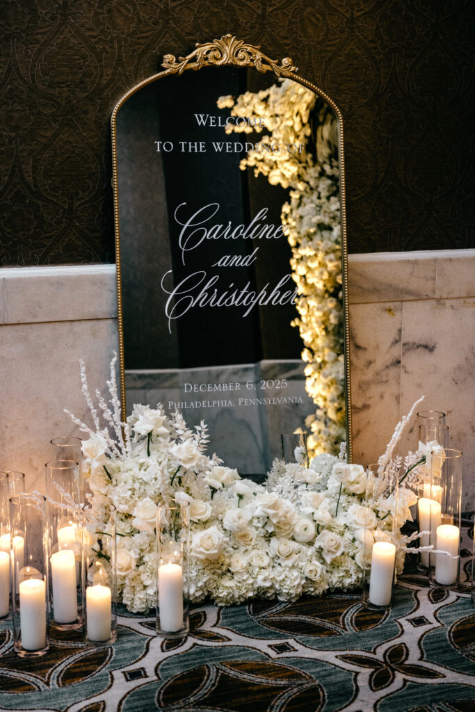 gold mirror wedding reception welcome sign by Emily Wren Photography