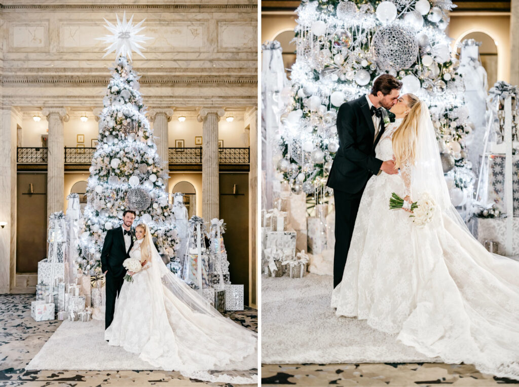 Philadelphia bride and groom winter wedding portrait in front of the white Christmas tree at The Ritz-Carlton