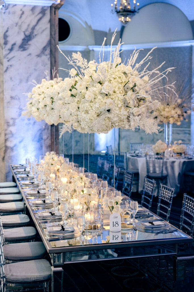 all white floral decor for winter wedding reception in Center City Philadelphia