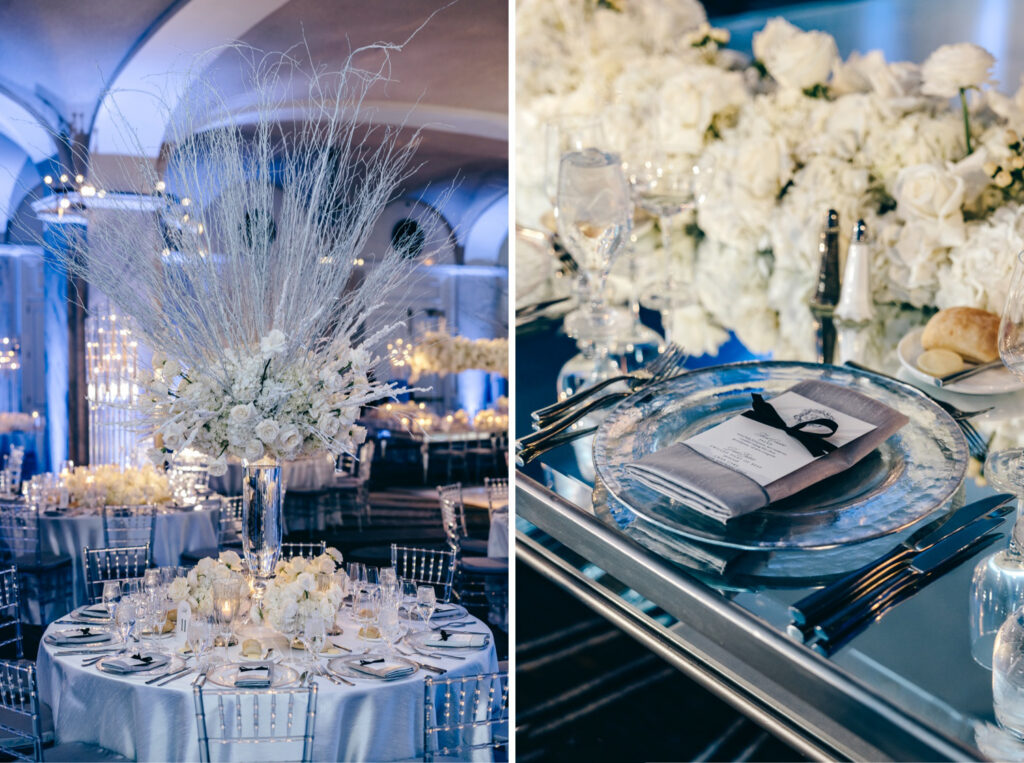 Beautiful winter wedding reception table decor at The Ritz-Carlton, Philadelphia by luxurious wedding photographer Emily Wren Photography