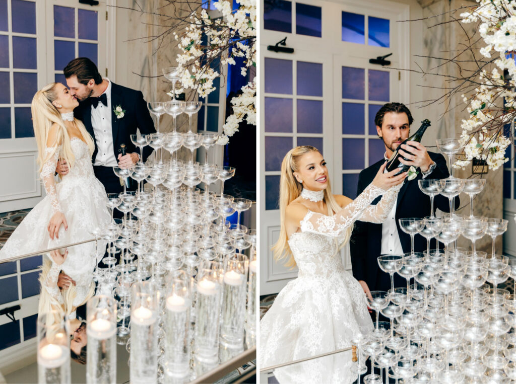 Dom Perignon champagne tower at luxurious winter wedding reception in Center City Philadelphia