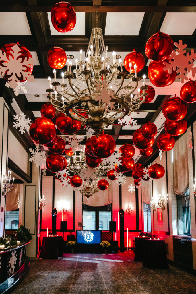 Christmas-themed winter wedding reception after-party decorations at The Ritz-Carlton, Philadelphia