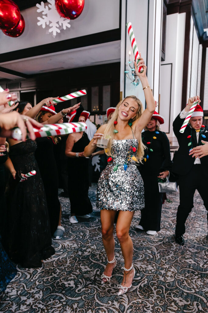 Philadelphia bride having fun at her Christmas winter wedding reception after-party
