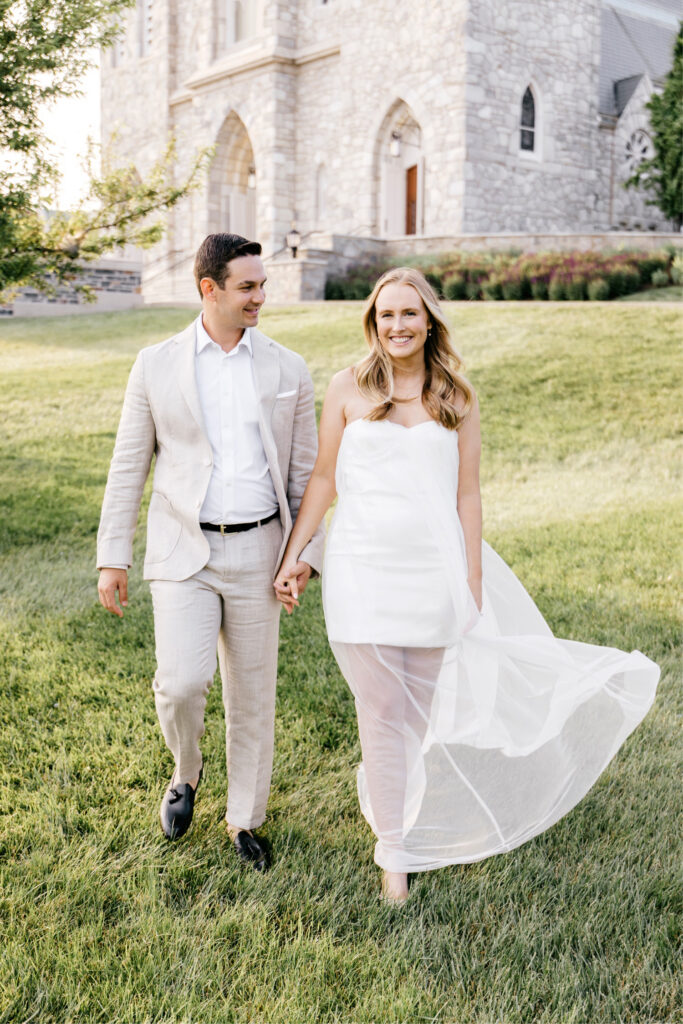a Philadelphia couple during their summer engagement photoshoot during golden hour at Villanova University