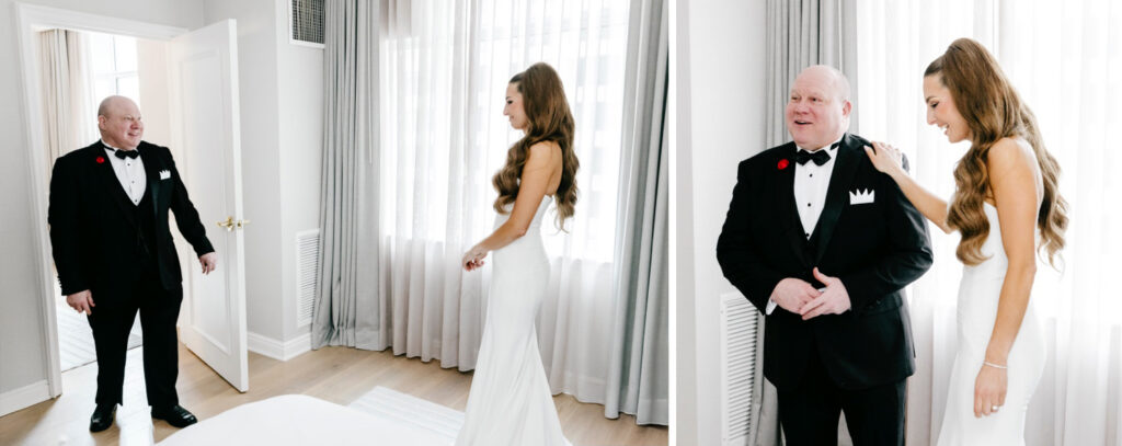 bride's first look with her father on the morning of her spring wedding day at The Westin Philadelphia