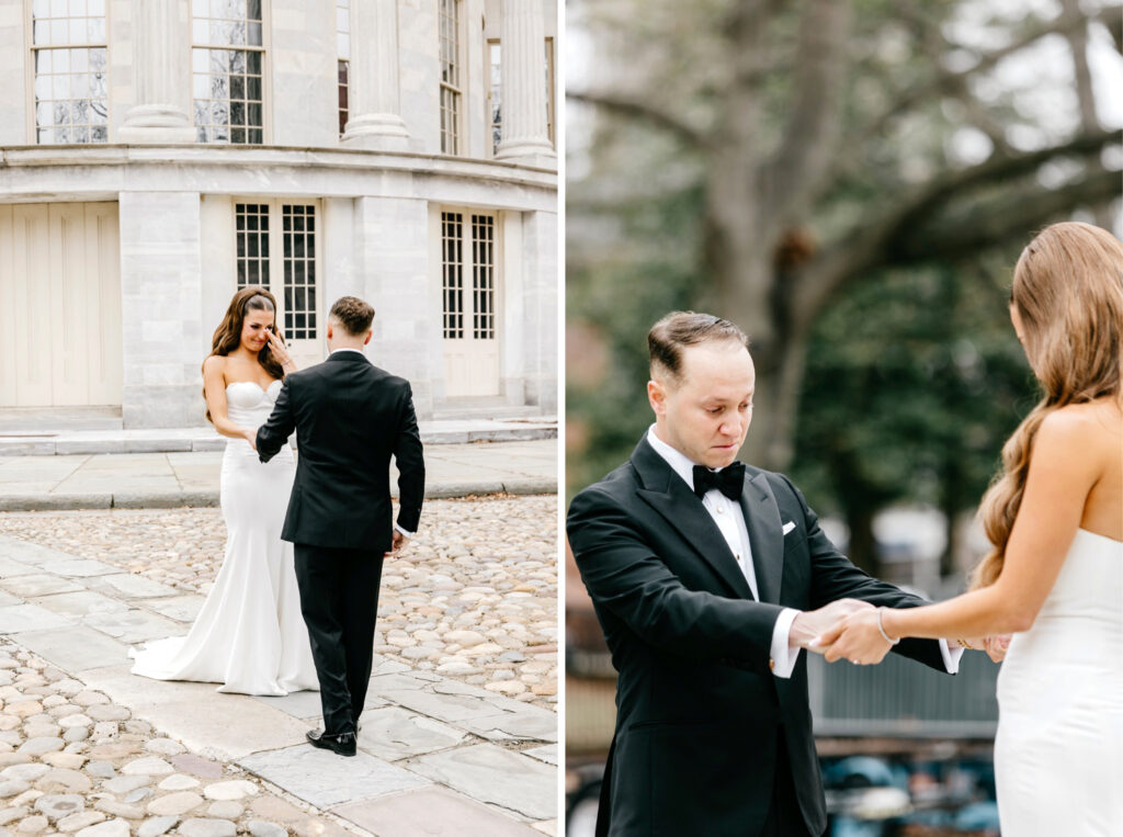 emotional first look between bride and groom in Old City Philadelphia at Merchant's Exchange by Emily Wren Photography