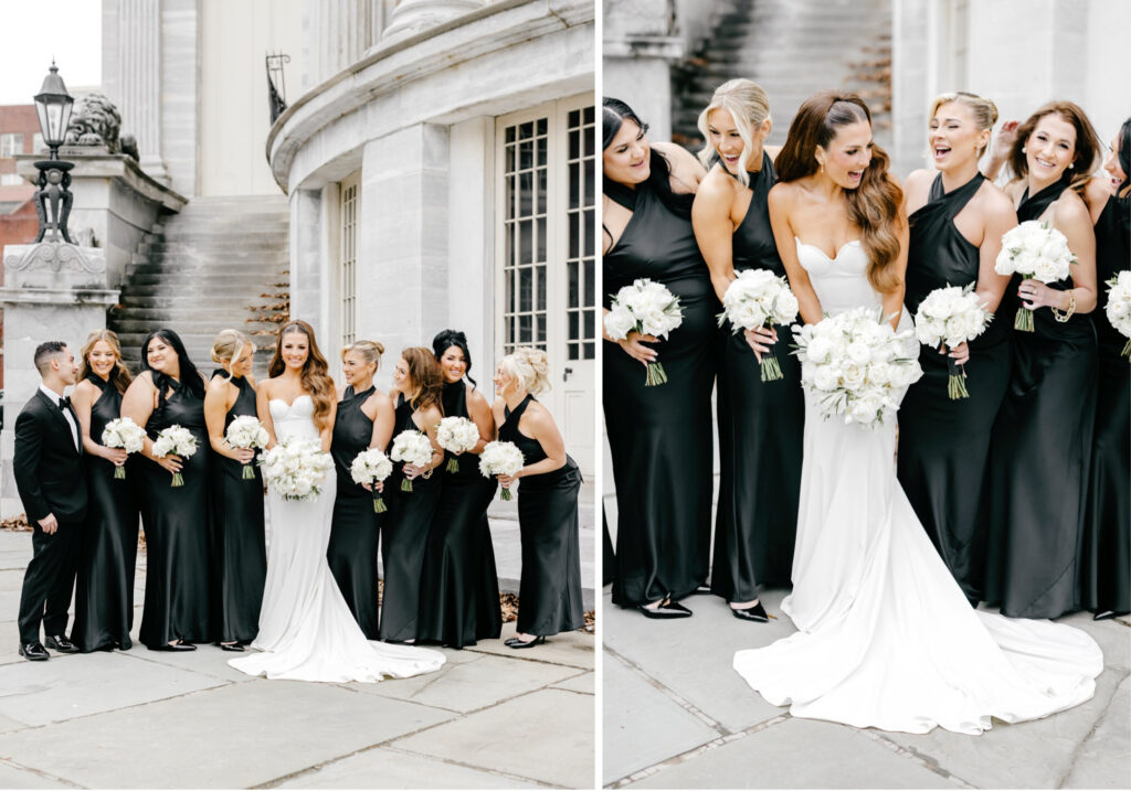 Philadelphia bride with her bridesmaids at Merchant's Exchange by Emily Wren Photography