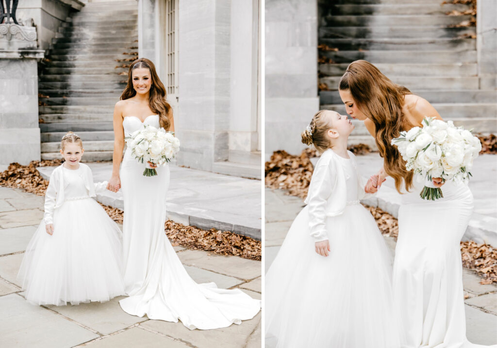 cute portraits of a bride with her flower girl on an early spring wedding day in Old City Phildelphia