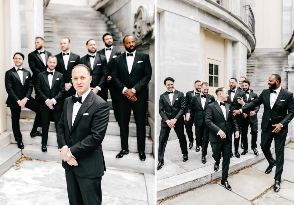 Philadelphia groom with his groomsmen on his spring wedding day at Merchant's Exchange