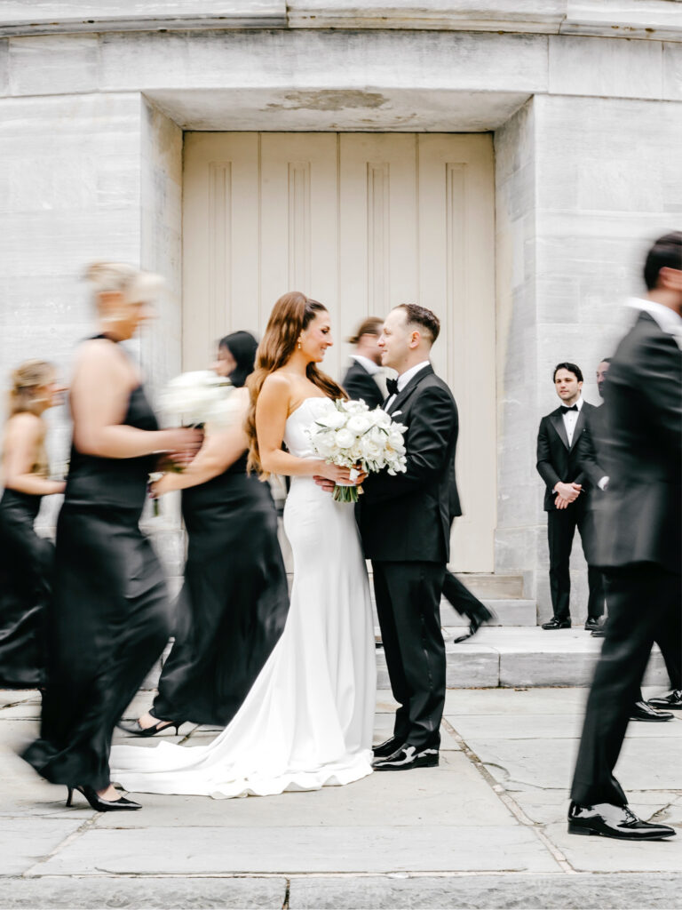 bride and groom wedding portrait in Old City Philly at Merchant's Exchange by elegant wedding photographer Emily Wren Photography