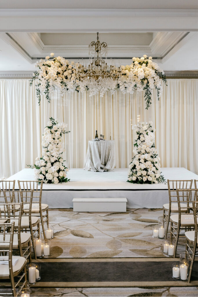 all white wedding ceremony alter at Center City Philadelphia wedding at the Westin hotel