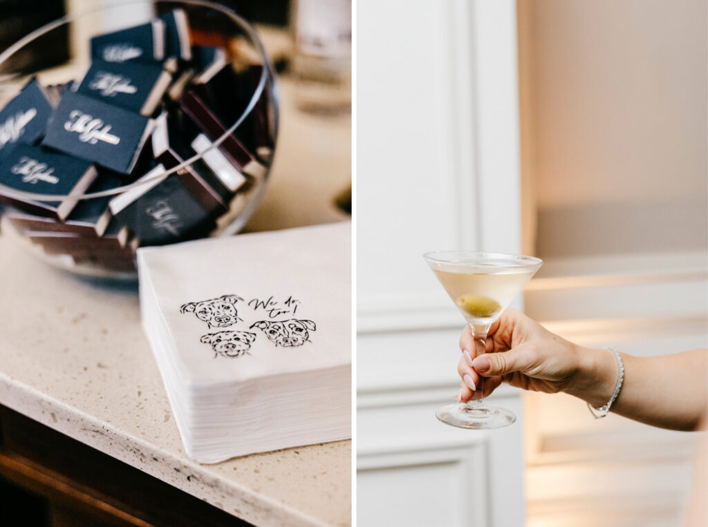 luxury cocktail hour at The Westin Hotel with engraved napkins by Emily Wren Photography