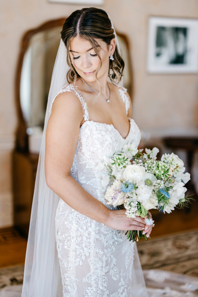 elegant bridal portrait of Philadelphia bride on her spring wedding morning at Glen Foerd
