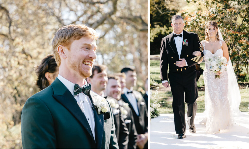 The Philadelphia bride walking down the aisle at her outdoor wedding ceremony at Glen Foerd by Emily Wren Photography