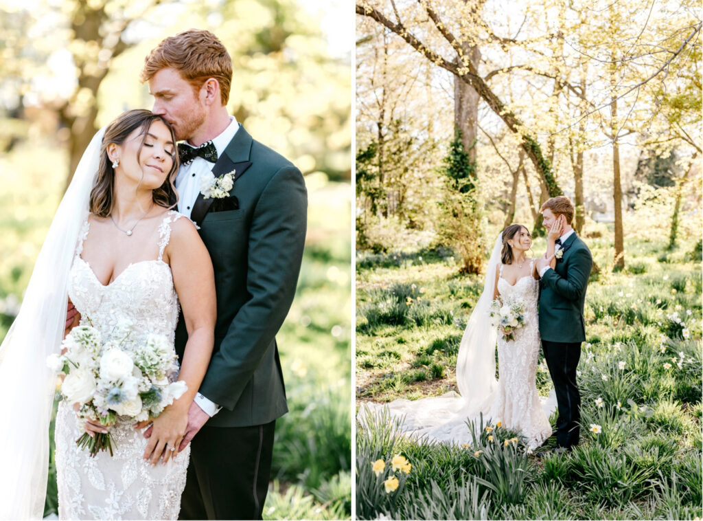 bride and groom portraits in a Philadelphia garden at Glen Foerd Mansion