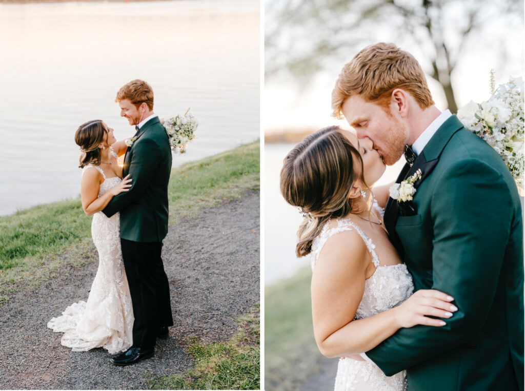 sunset wedding portraits along the river at Glen Foerd Mansion