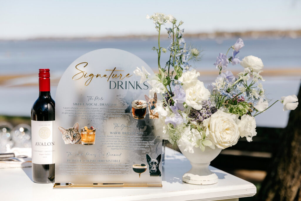 frosted glass signature drinks menu for outdoor wedding day by Emily Wren Photography