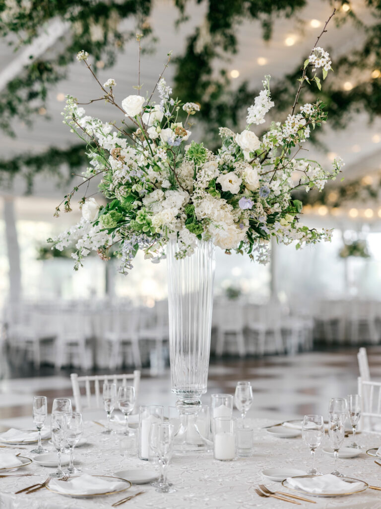 spring wedding reception table centerpiece at Glen Foerd in Philadelphia, Pennsylvania