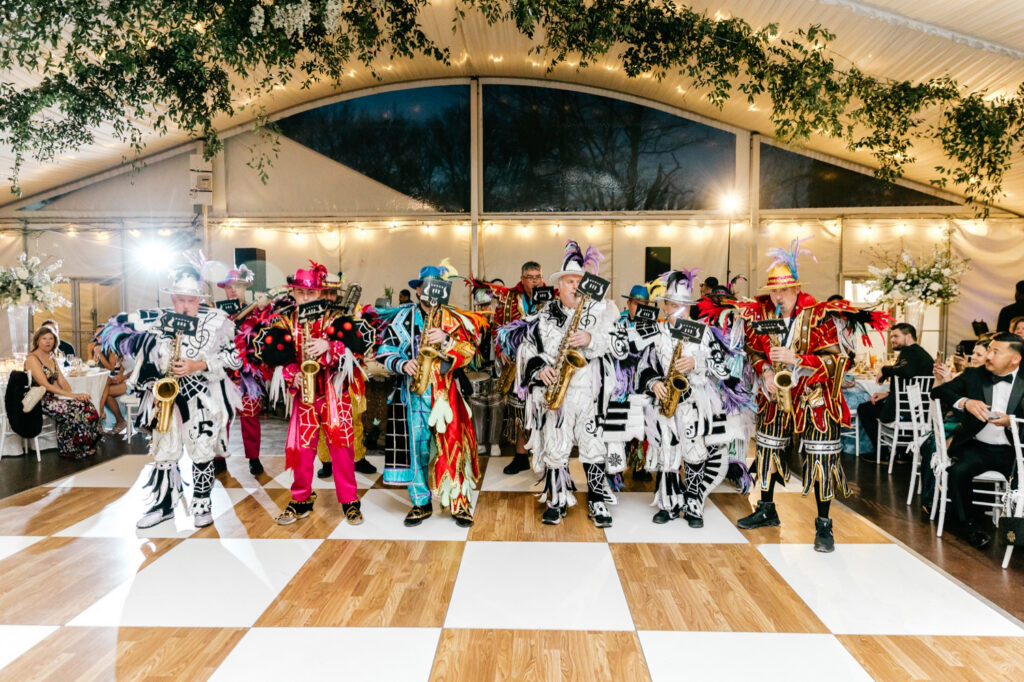 Philadelphia mummers performing at a Glen Foerd wedding reception by Emily Wren Photography