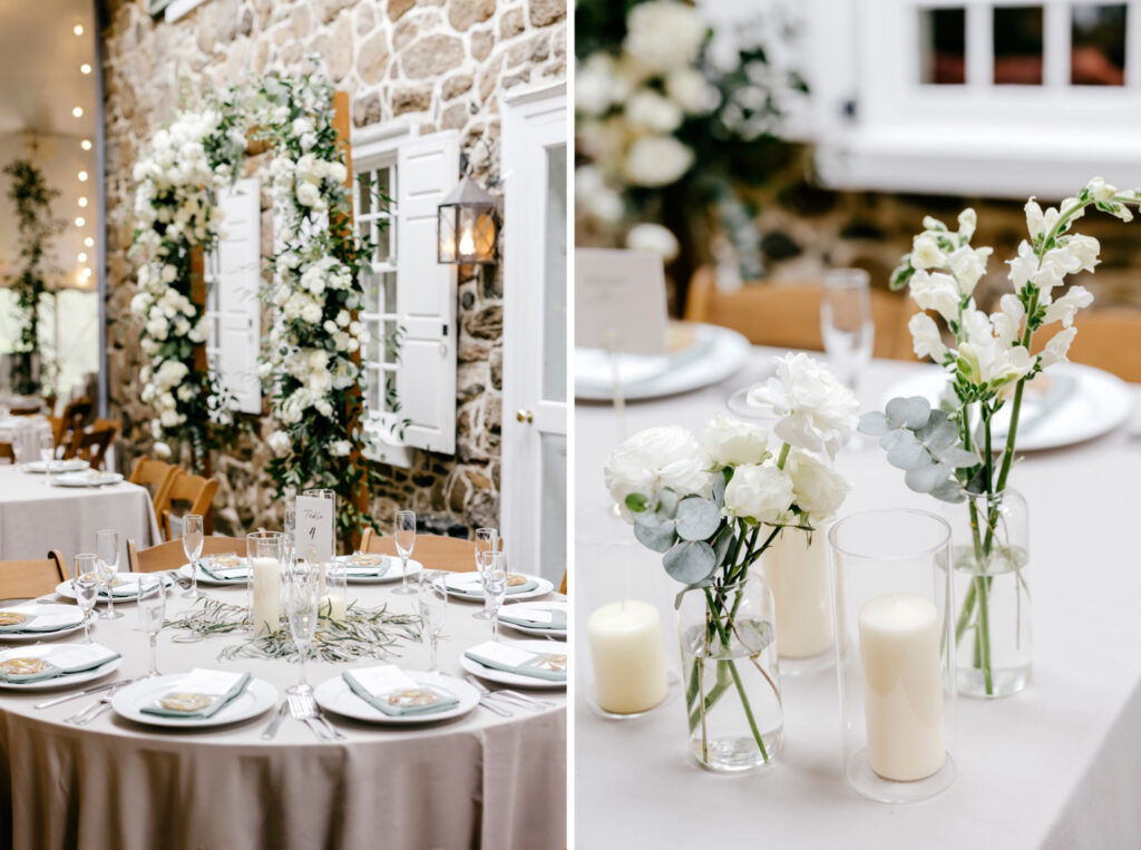 white floral table decor for spring wedding reception along the Main Line in Philadelphia