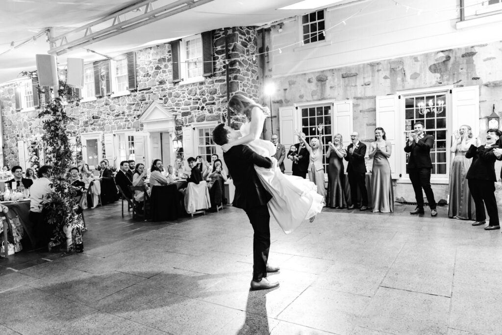 bride and groom's first dance at their spring wedding reception in Main Line Philadelphia