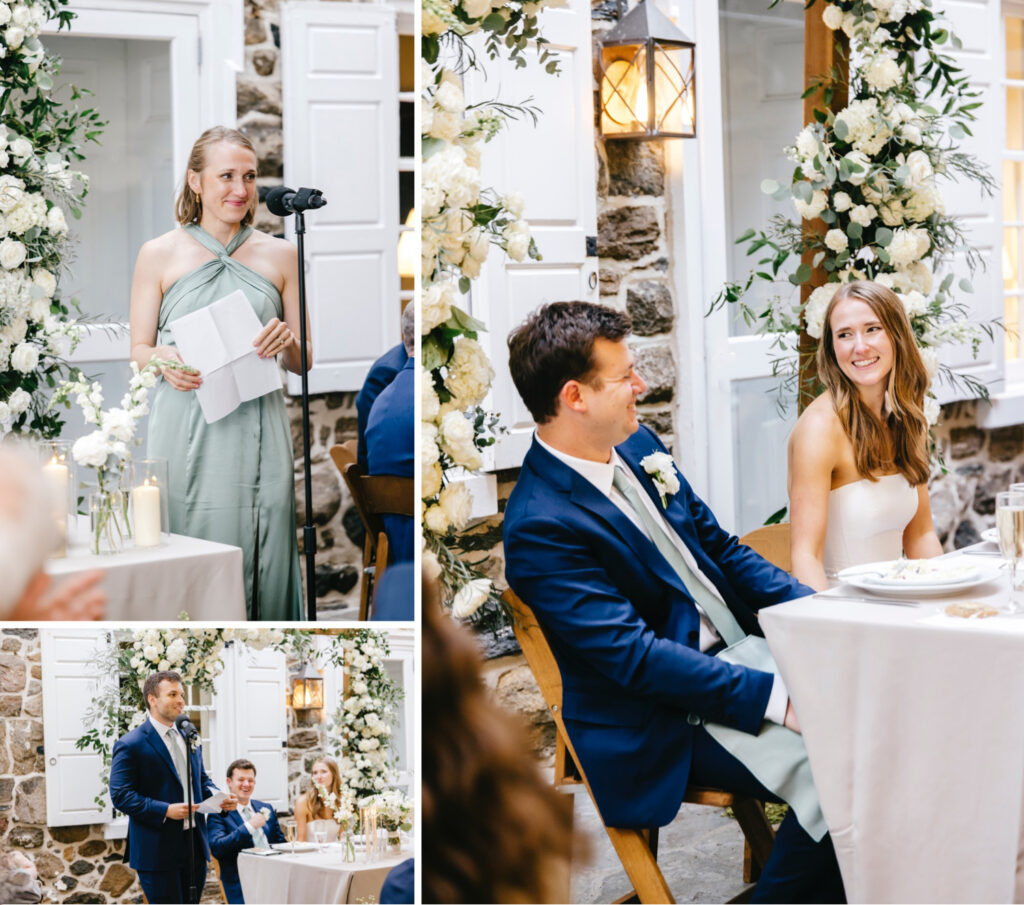 bride and groom during wedding party speeches at their spring wedding reception at Appleford Estate