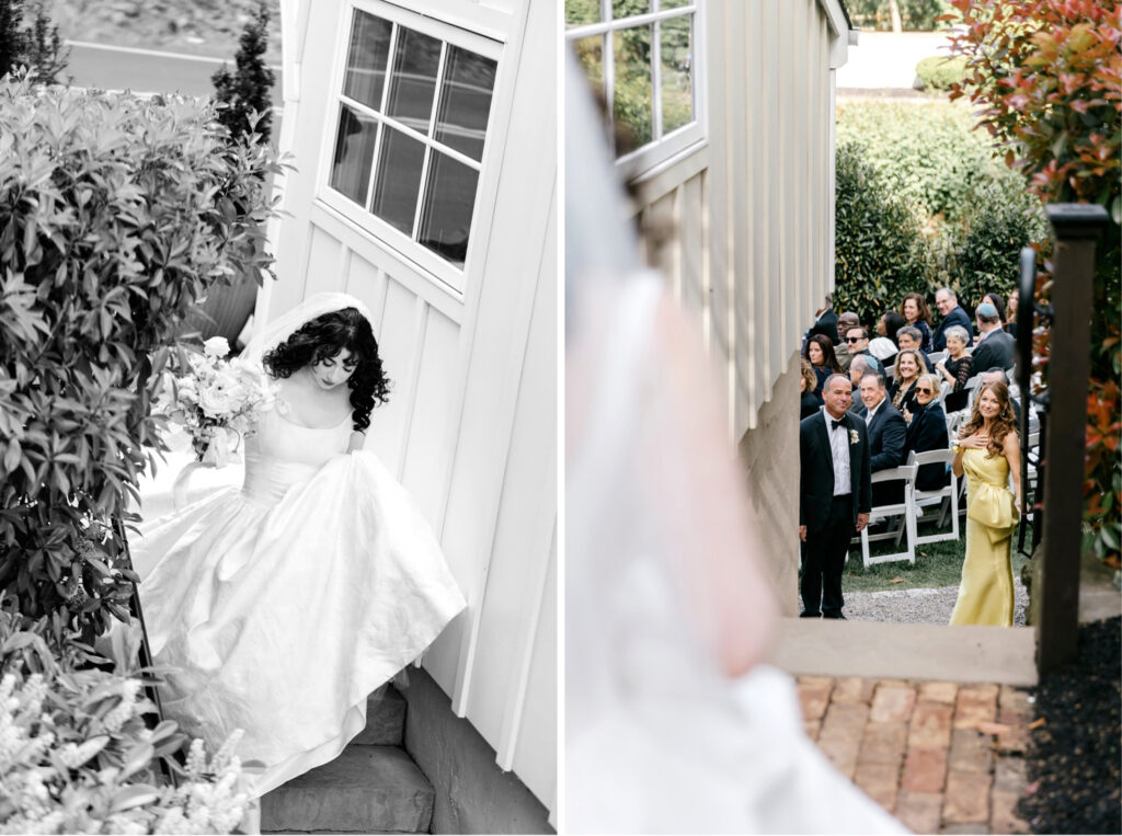 Philadelphia bride arriving to her outdoor wedding ceremony at River House at Odette's by luxury wedding photographer Emily Wren Photography