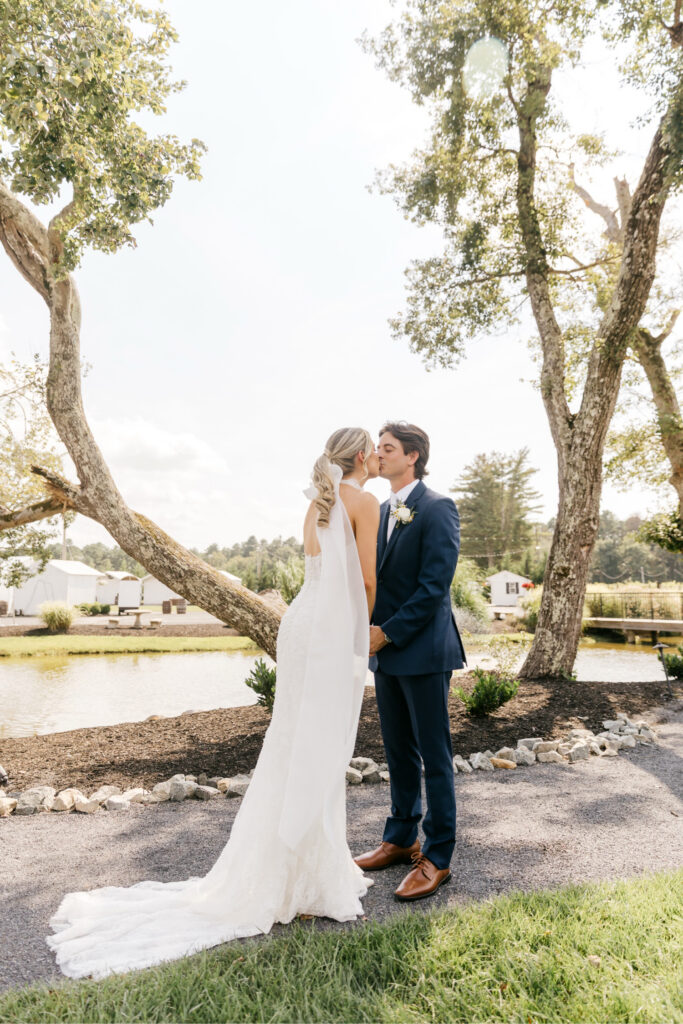New Jersey bride and groom's first look on their summer wedding day at Renault Winery