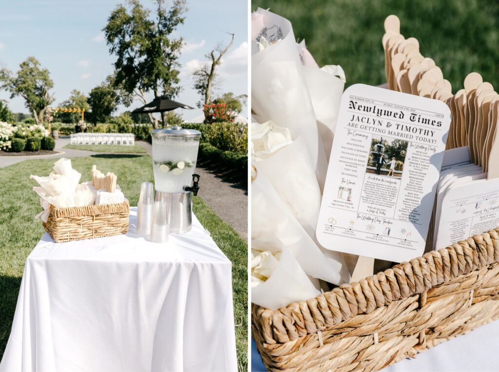 custom, newspaper-inspired, paper fans for outdoor summer wedding ceremony by Emily Wren Photography