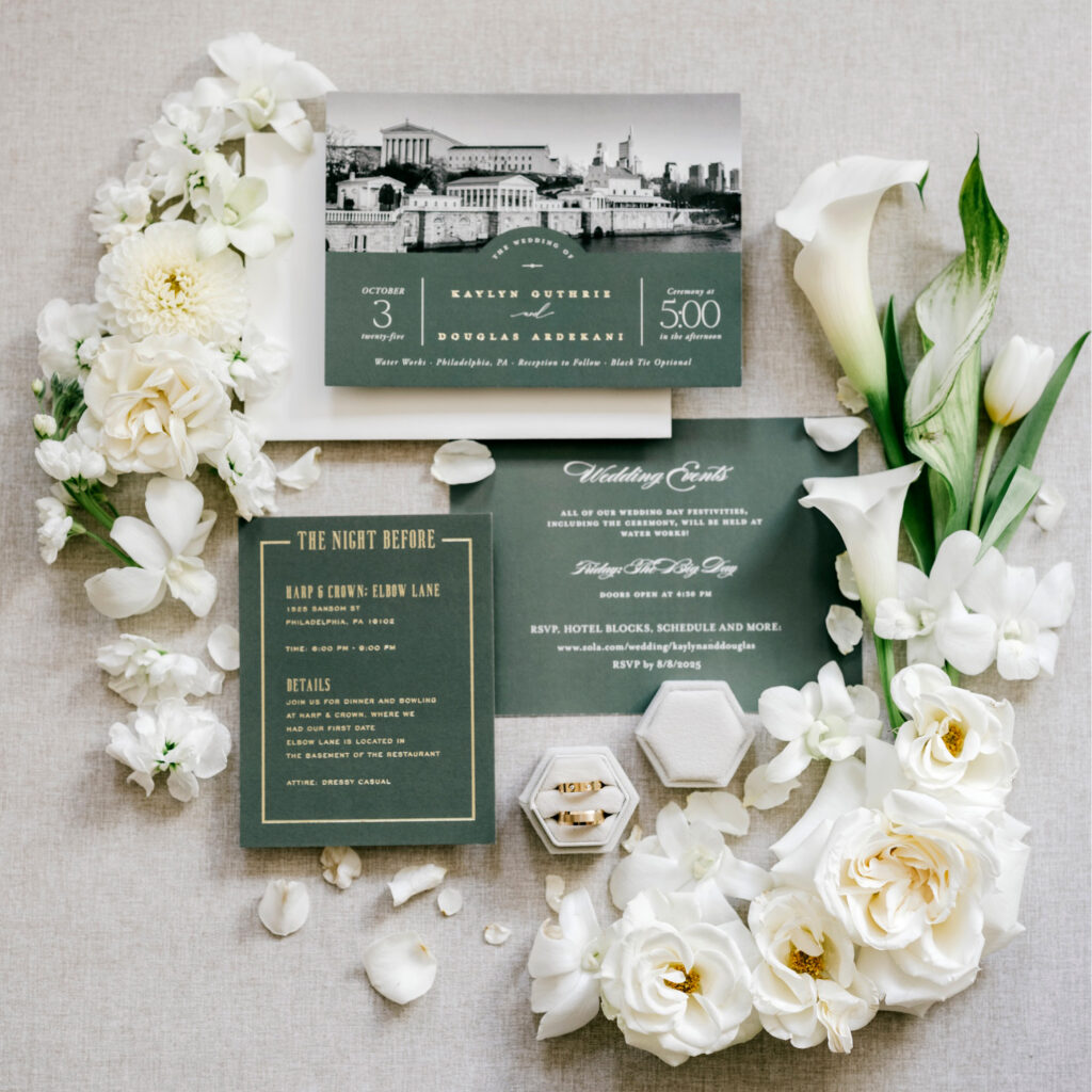 luxury green and gold wedding invitation suite by Emily Wren Photography
