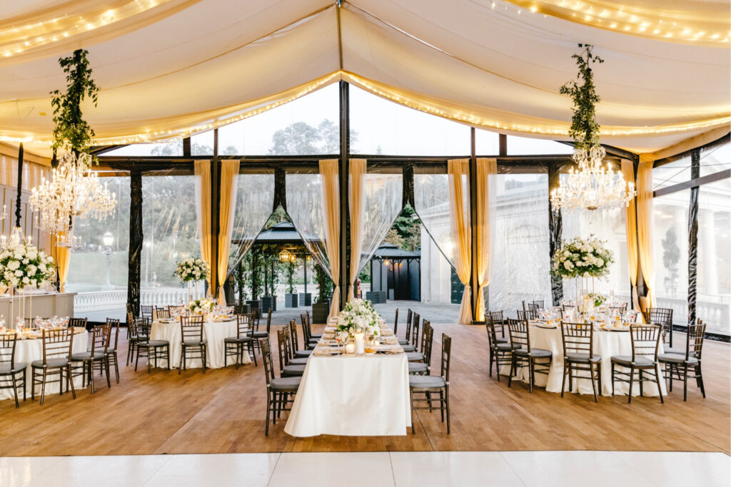 All-white elegant wedding reception decor at Water Works in Philadelphia