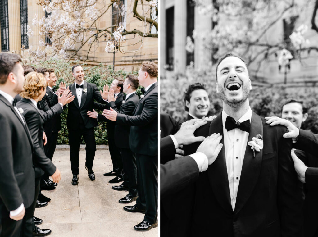 Philadelphia groom with his groomsmen at the art museum