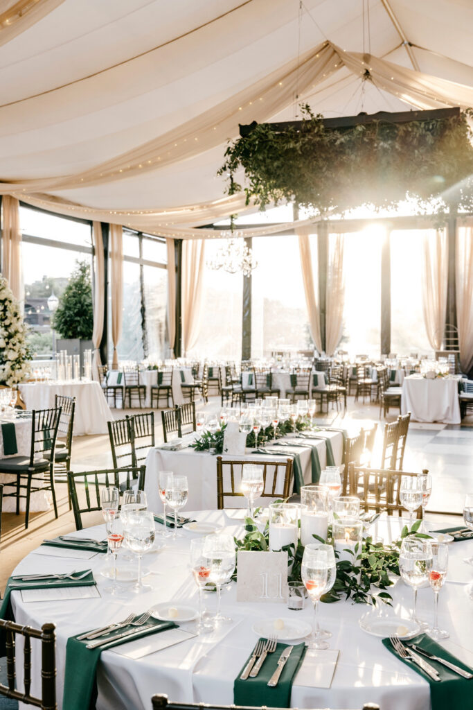 white and green spring wedding reception decor at Water Works by Cescaphe