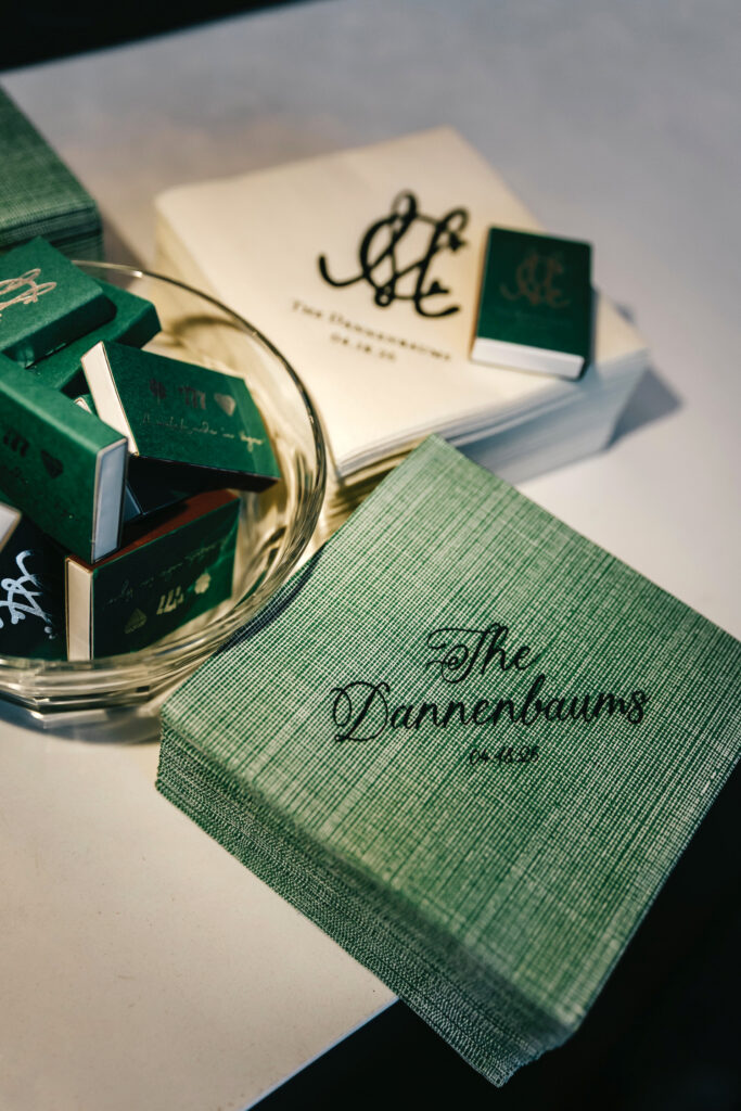 custom green cocktail napkins for luxury spring Cescaphe wedding reception