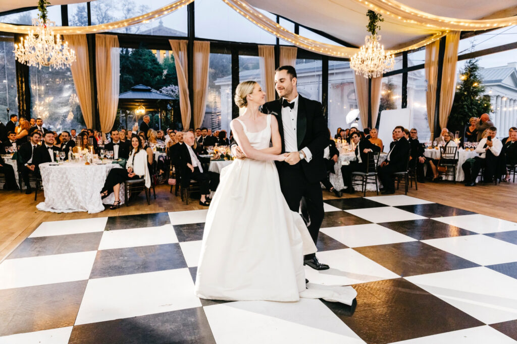 bride and groom's elegant first dance at their Cescaphe wedding reception at Philadelphia Water Works