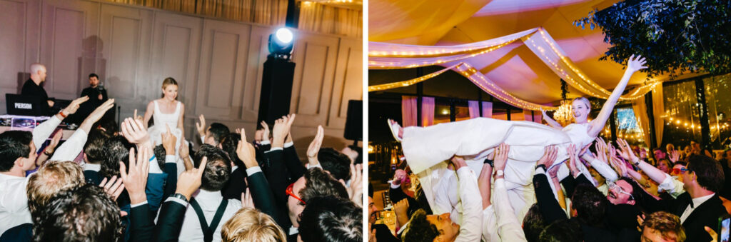Bride crowd surfing at her fun Cescaphe wedding reception at Philadelphia Water Works