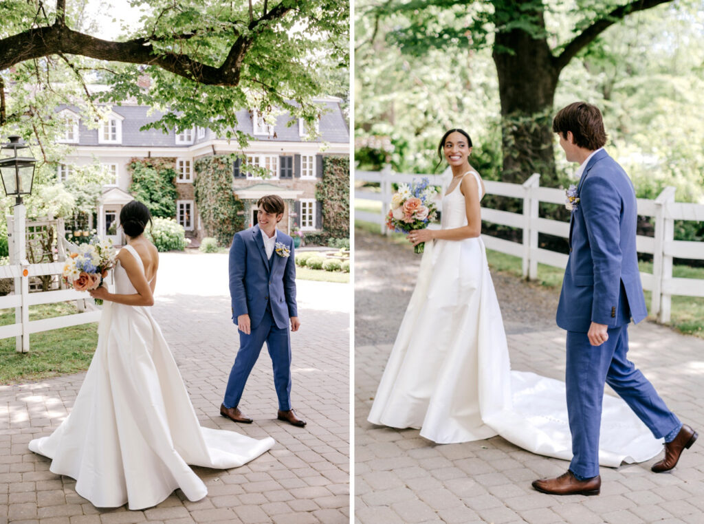 bride and groom's cute first look on the morning of their summer garden wedding day at The Inn at Barley Sheaf by elegant Philadelphia wedding photographer Emily Wren Photography