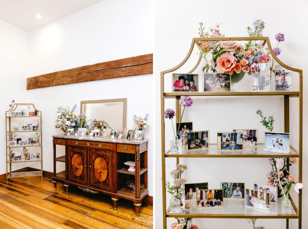 photo memorial shelving at elegant Inn at Barley Sheaf wedding