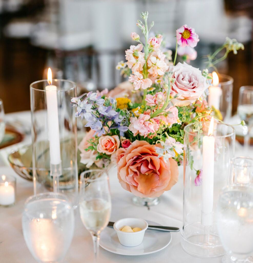 colorful summer florals for a elegant wedding reception at The Inn at Barley Sheaf
