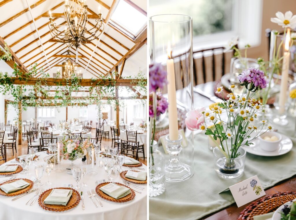 whimsical summer garden tablescapes at Inn at Barley Sheaf wedding reception