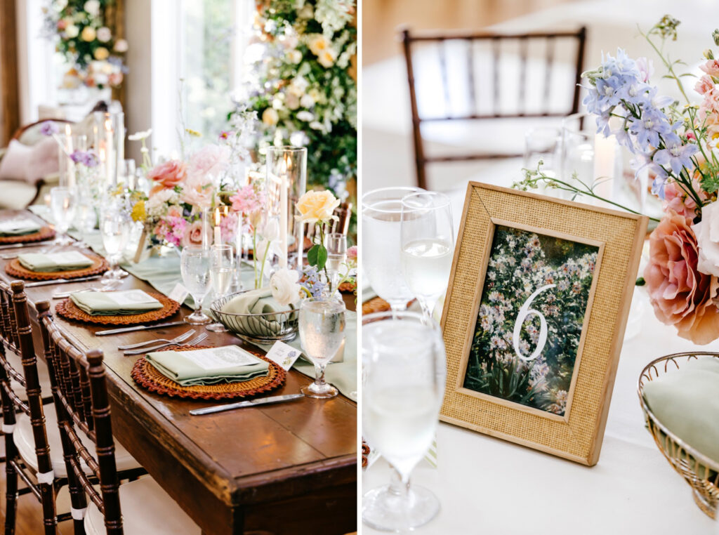 floral framed table numbers for romantic summer wedding reception by elegant wedding photographer Emily Wren Photography